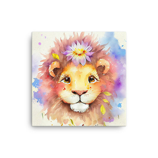 Canvas Wall Art - Baby Lion Flower Watercolor