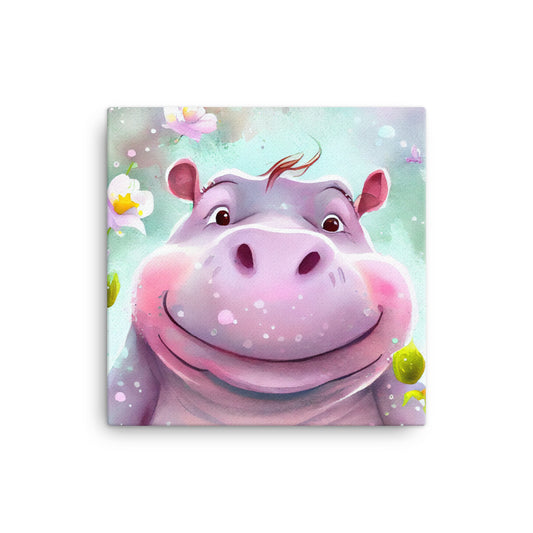 Canvas Wall Art - Kids Room Happy Hippo Watercolor