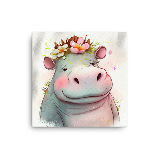 Canvas Wall Art - Kids Room Floral Hippo Watercolor