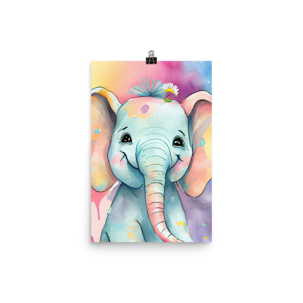 Enhanced Matte Poster - Kids Room Smiling Elephant Watercolor