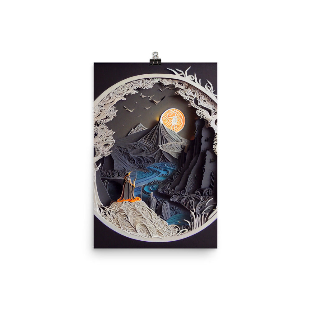 Enhanced Matte Paper Poster - Fantasy Wizard Scene in Paper Art