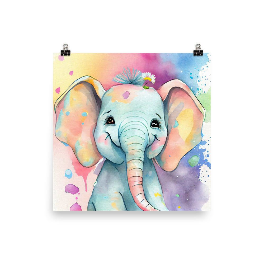 Enhanced Matte Poster - Kids Room Smiling Elephant Watercolor