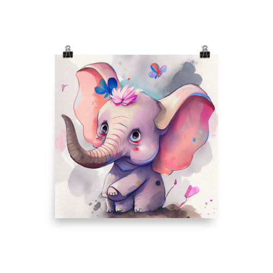 Enhanced Matte Poster - Kids Room Elephant and Butterflies Watercolor