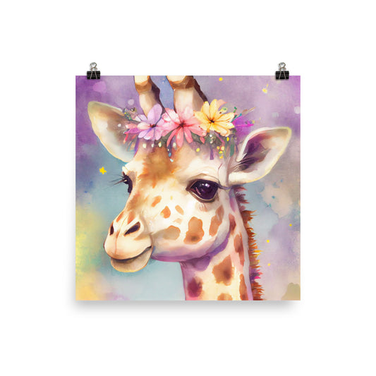 Enhanced Matte Poster - Kids Room Floral Giraffe Watercolor