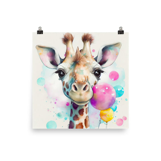 Enhanced Matte Poster - Kids Room Giraffe and Balloons Watercolor