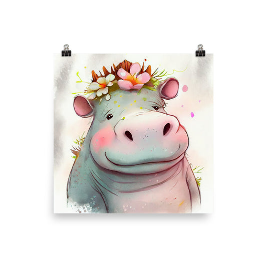 Enhanced Matte Poster - Kids Room Floral Crown Hippo Watercolor