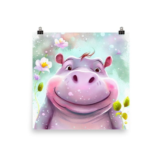 Enhanced Matte Poster - Kids Room Happy Hippo Watercolor