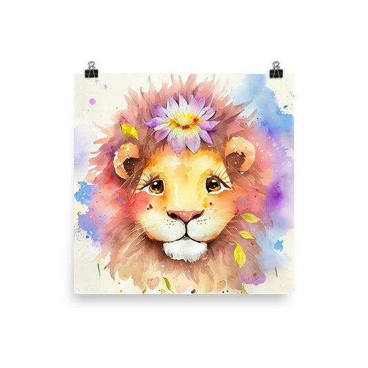 Enhanced Matte Poster - Kids Room Baby Lion & Flower Watercolor