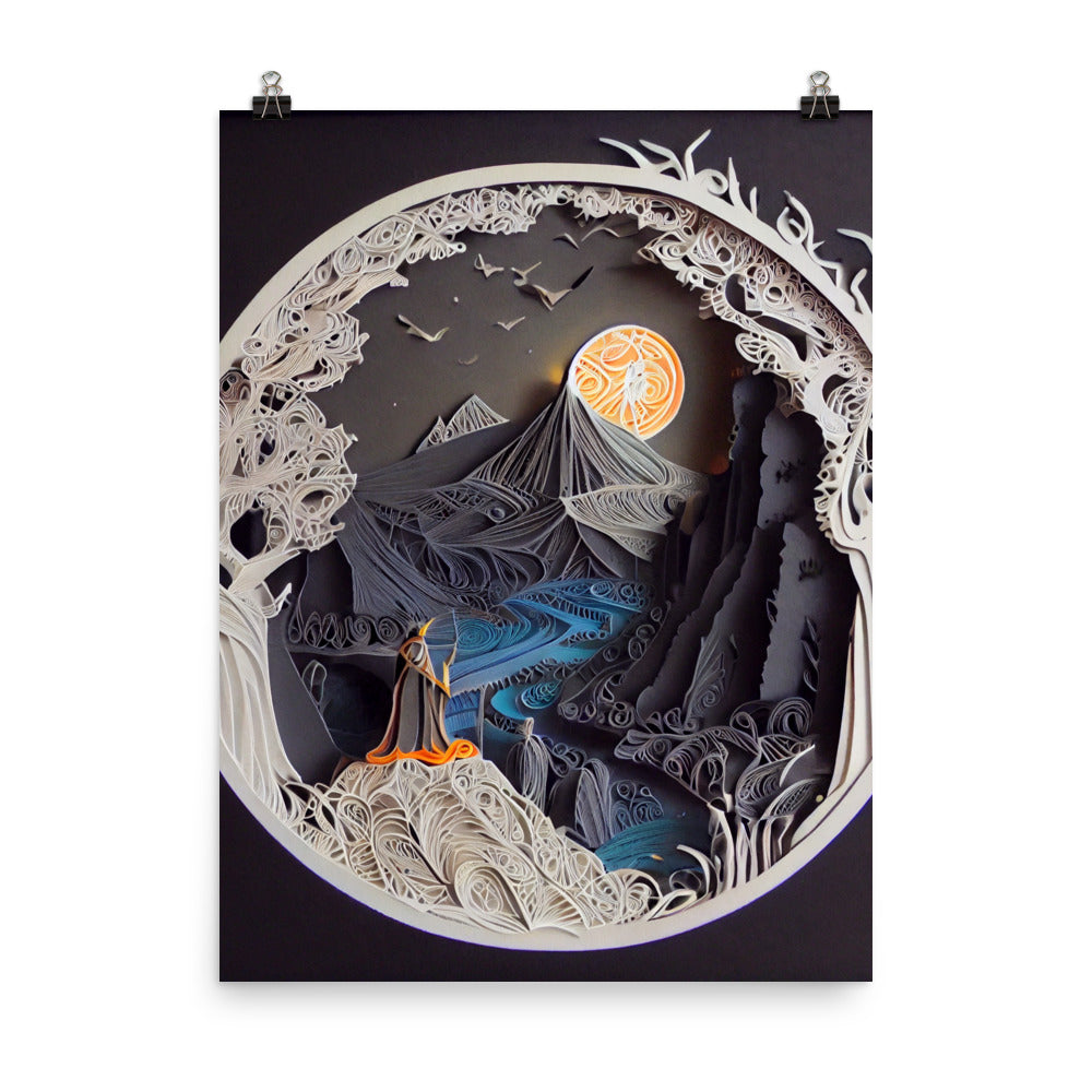 Enhanced Matte Paper Poster - Fantasy Wizard Scene in Paper Art