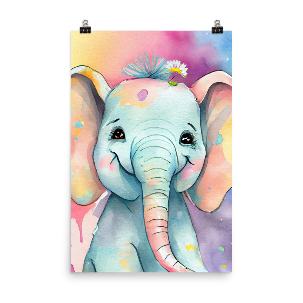 Enhanced Matte Poster - Kids Room Smiling Elephant Watercolor