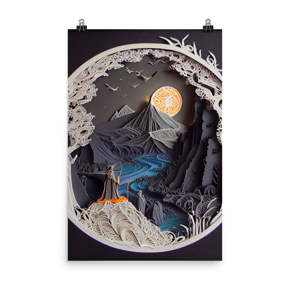 Enhanced Matte Paper Poster - Fantasy Wizard Scene in Paper Art